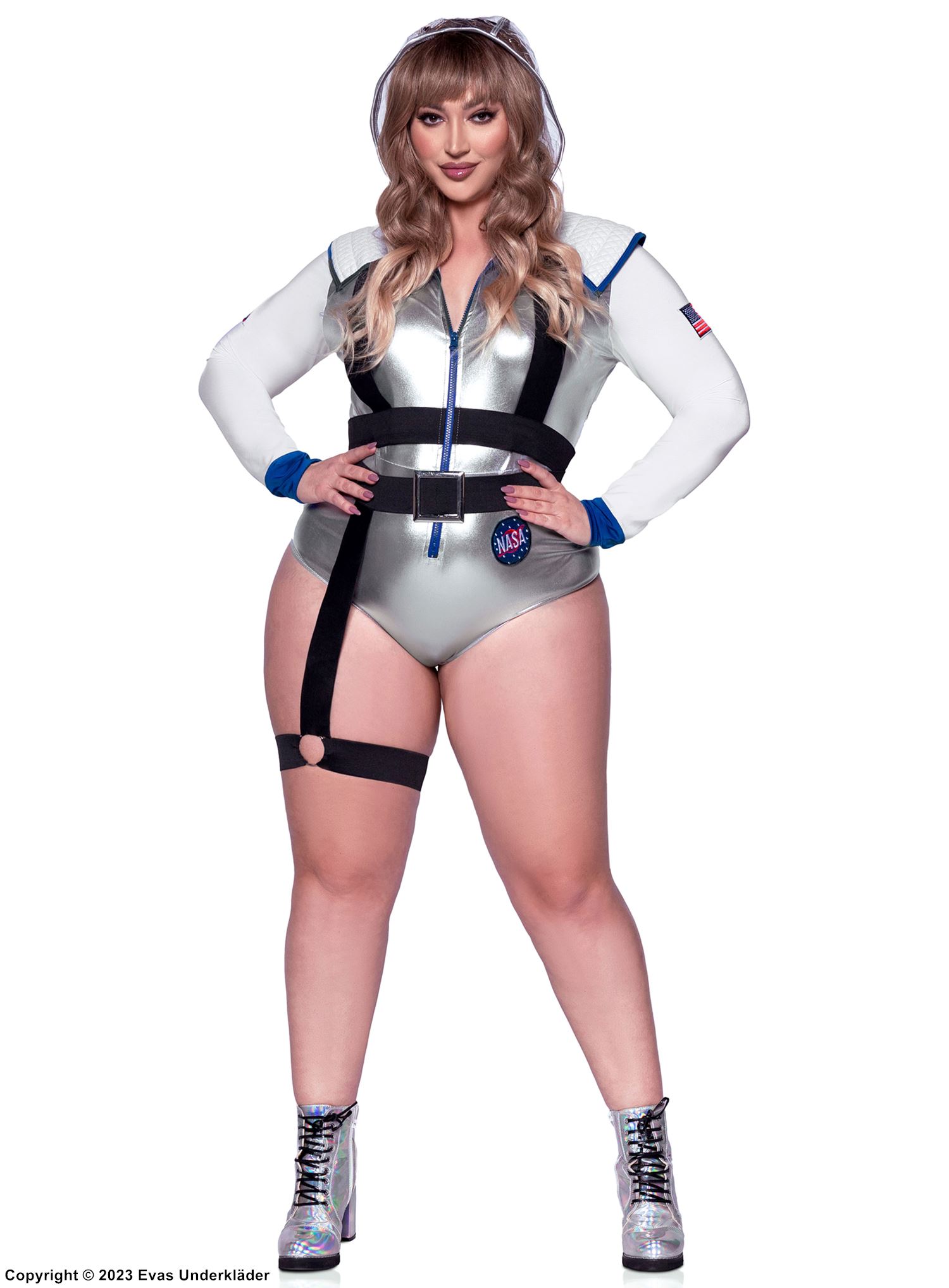 Astronaut, kostymeundertøysbody, lange ermer, hette, glidelås på forsiden, plus size